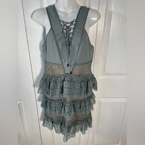 Romeo & Juliet Couture Dusty Sage Tiered Ruffle Dress Lace Detail